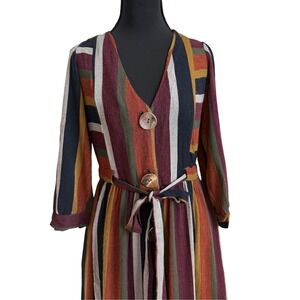 Zara TRF Small Striped V Neck Button Front MIDI Dress with Tie Waist Boho Earthy